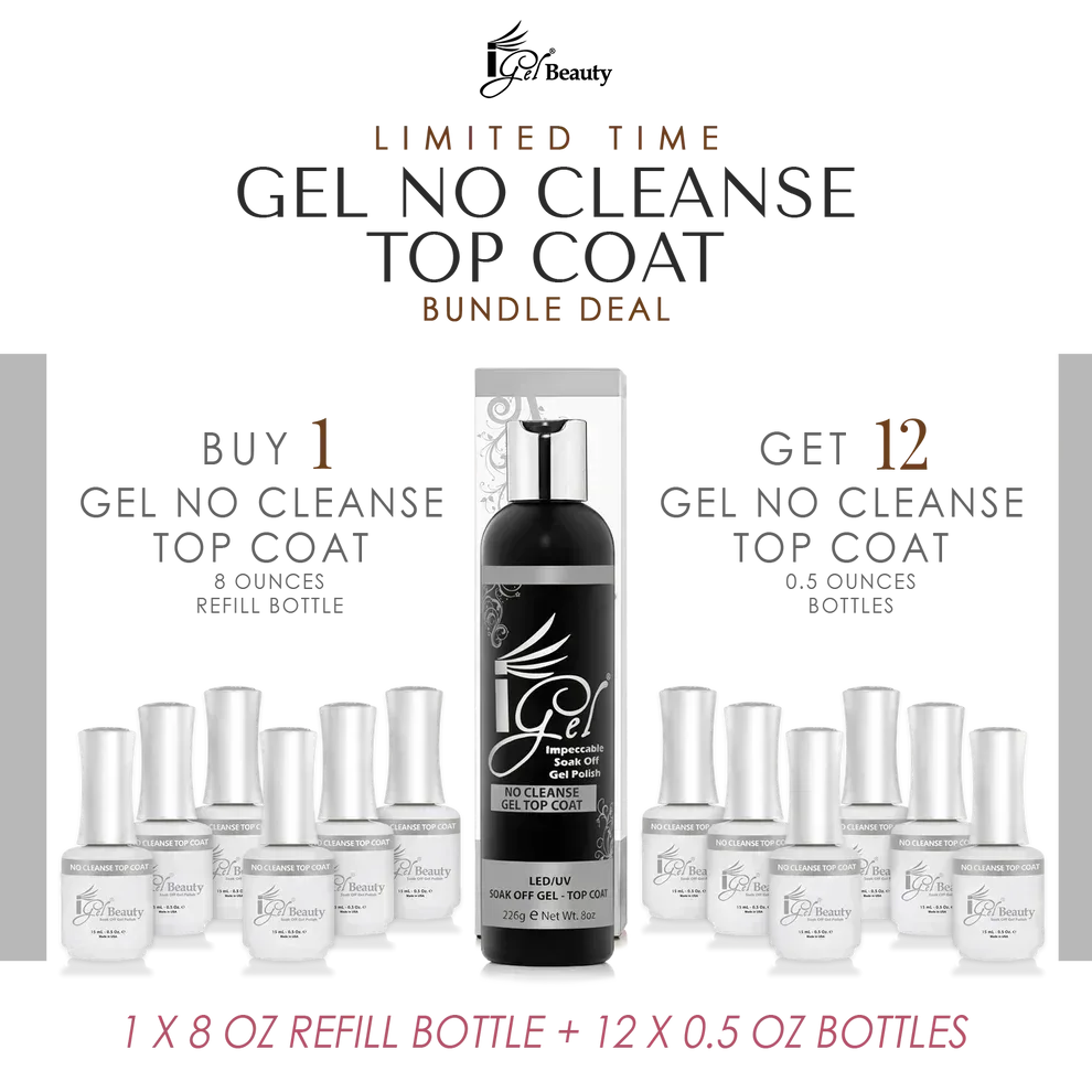 IGEL Gel Top Coat No Cleanse (No Wipe) Refill 8oz & 12 Bottles 0.5oz - TTT Nails Supply