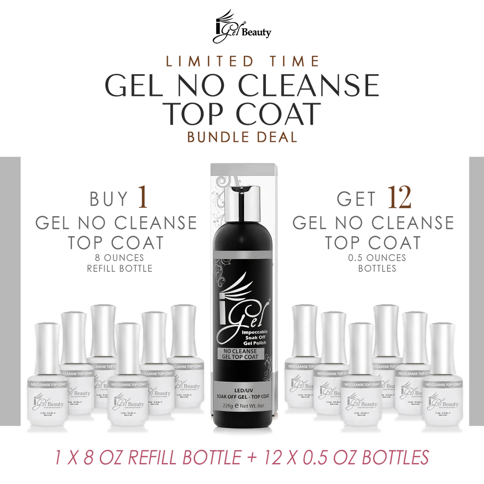 IGEL Gel Top Coat No Cleanse (No Wipe) Refill 8oz & 12 Bottles 0.5oz