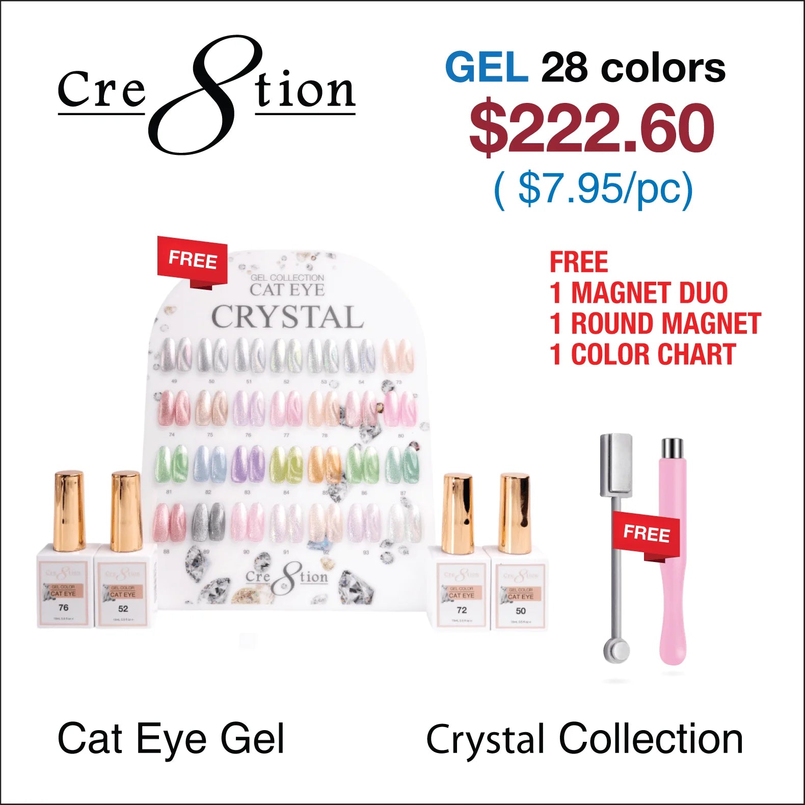 Cre8tion Cat Eye Gel 0.5oz - Crystal Collection - 28 colors - Free sample & Magnet