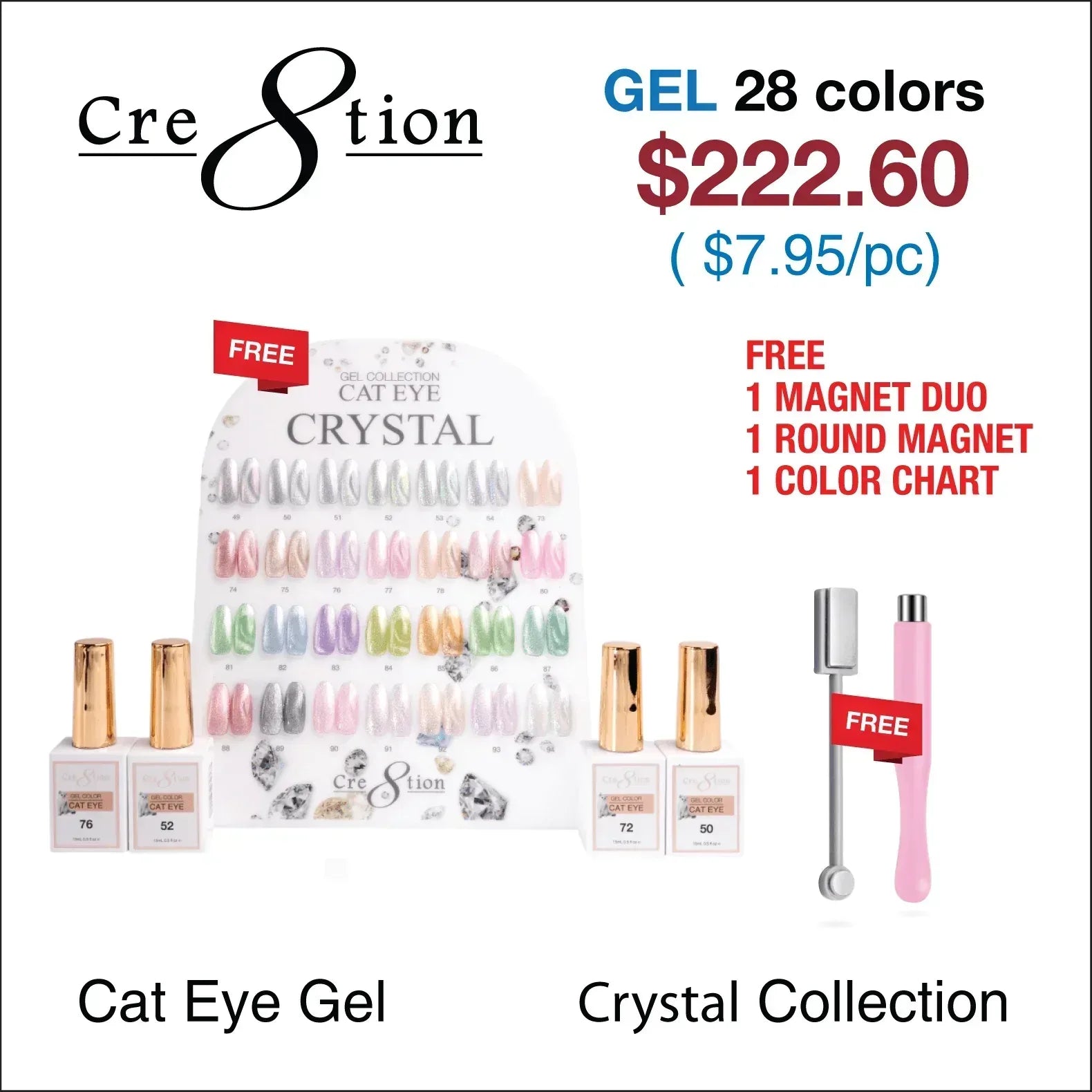 Cre8tion Cat Eye Gel 0.5oz - Crystal Collection - 28 colors - Free sample & Magnet - TTT Nails Supply