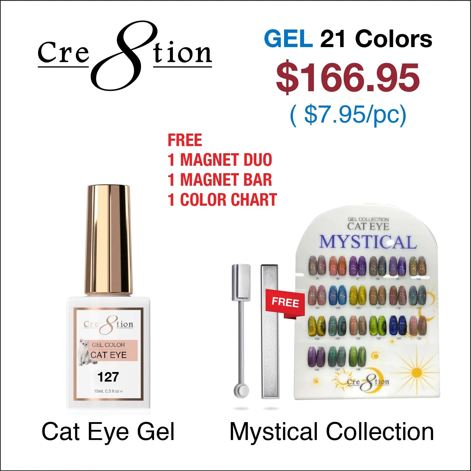 Cre8tion Cat Eye Gel 0.5oz - Mystical Collection - 21 colors (#95 - #103, #127 - #138) - Free sample & Magnet