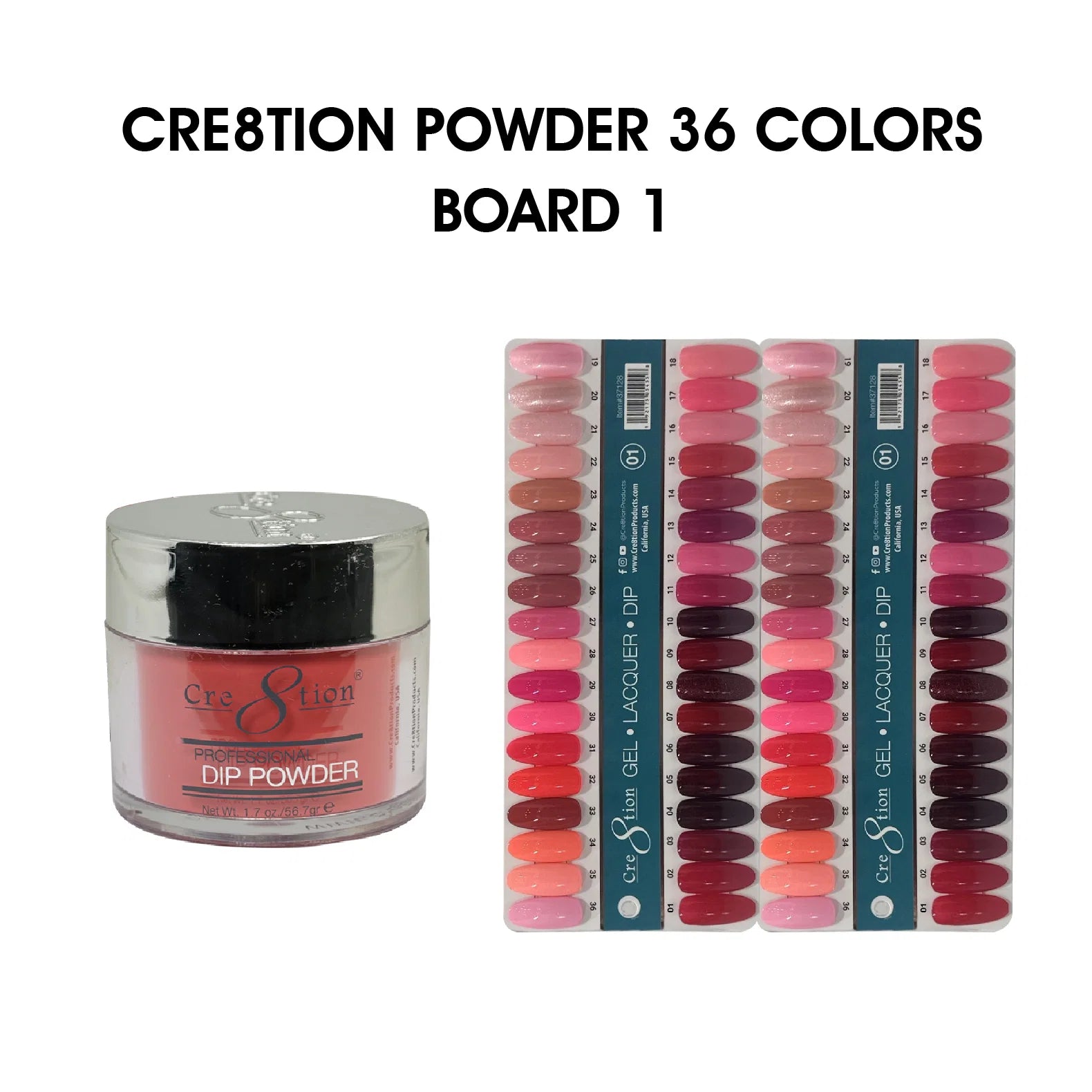 Cre8tion Dip POWDER 2oz - 36 colors Board 1 (#01-#36) + Free 1 Color Chart