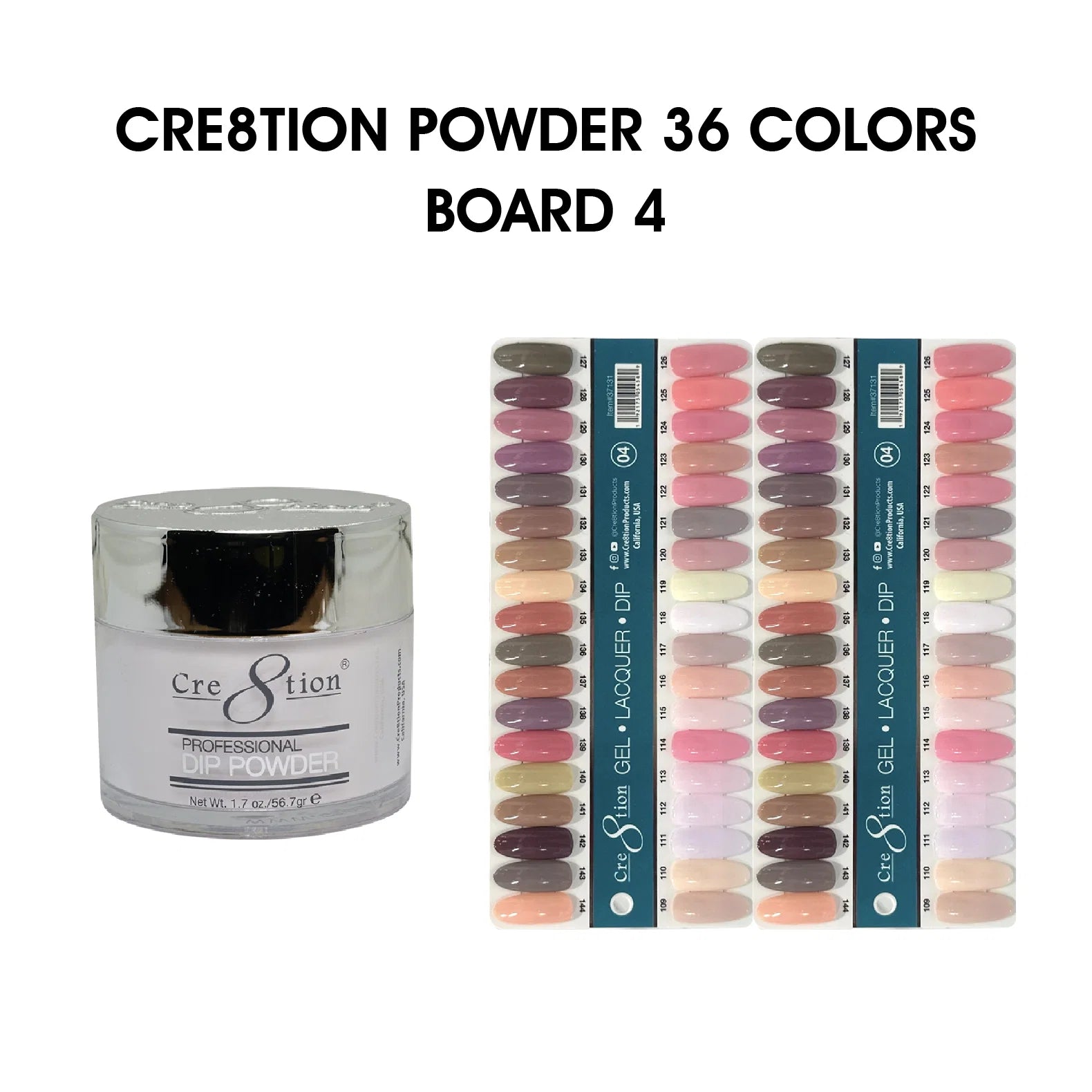 Cre8tion Dip POWDER 2oz - 36 colors Board 4 (#109-#144) + Free 1 Color Chart