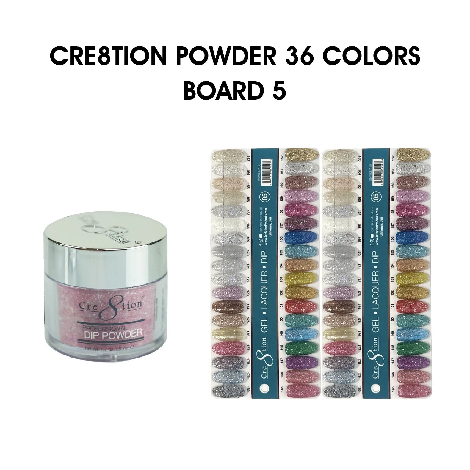 Cre8tion Dip POWDER 2oz - 36 colors Board 5 (#145-#180) + Free 1 Color Chart