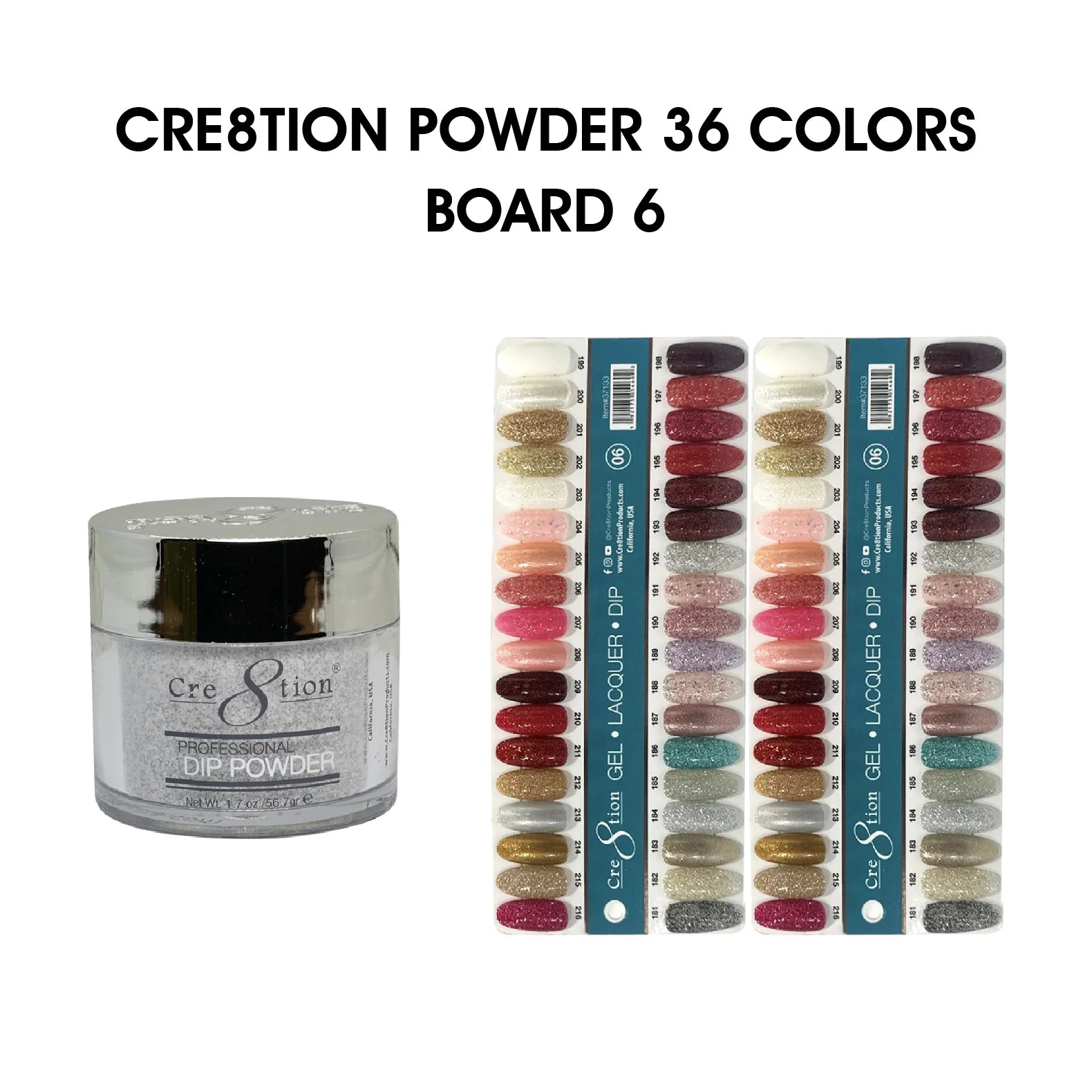 Cre8tion Dip POWDER 2oz - 36 colors Board 6 (#181-#216) + Free 1 Color Chart