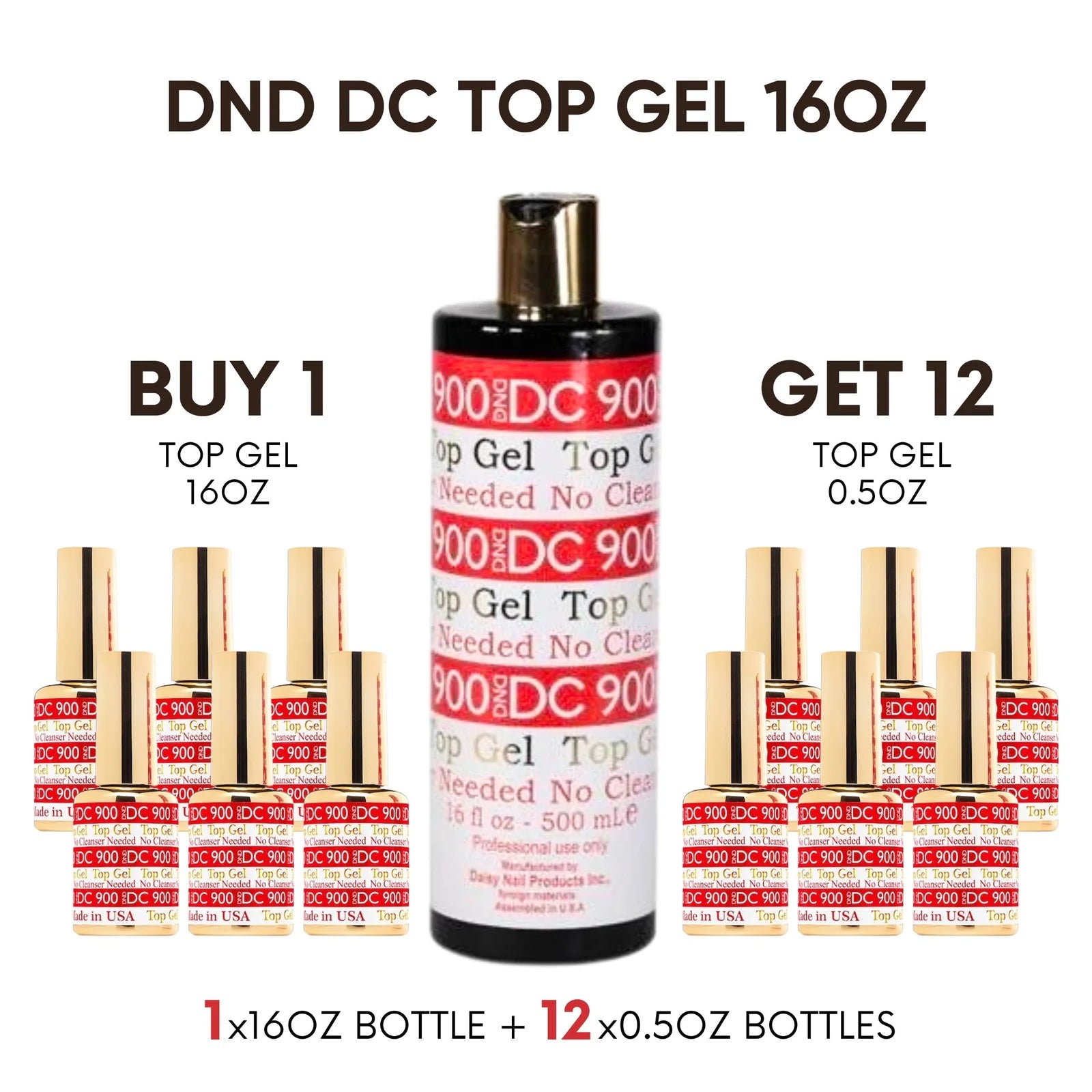 DC #900 Gel Top Coat No Wipe (No Cleanse) 16oz + Free 12 0.5oz Bottles