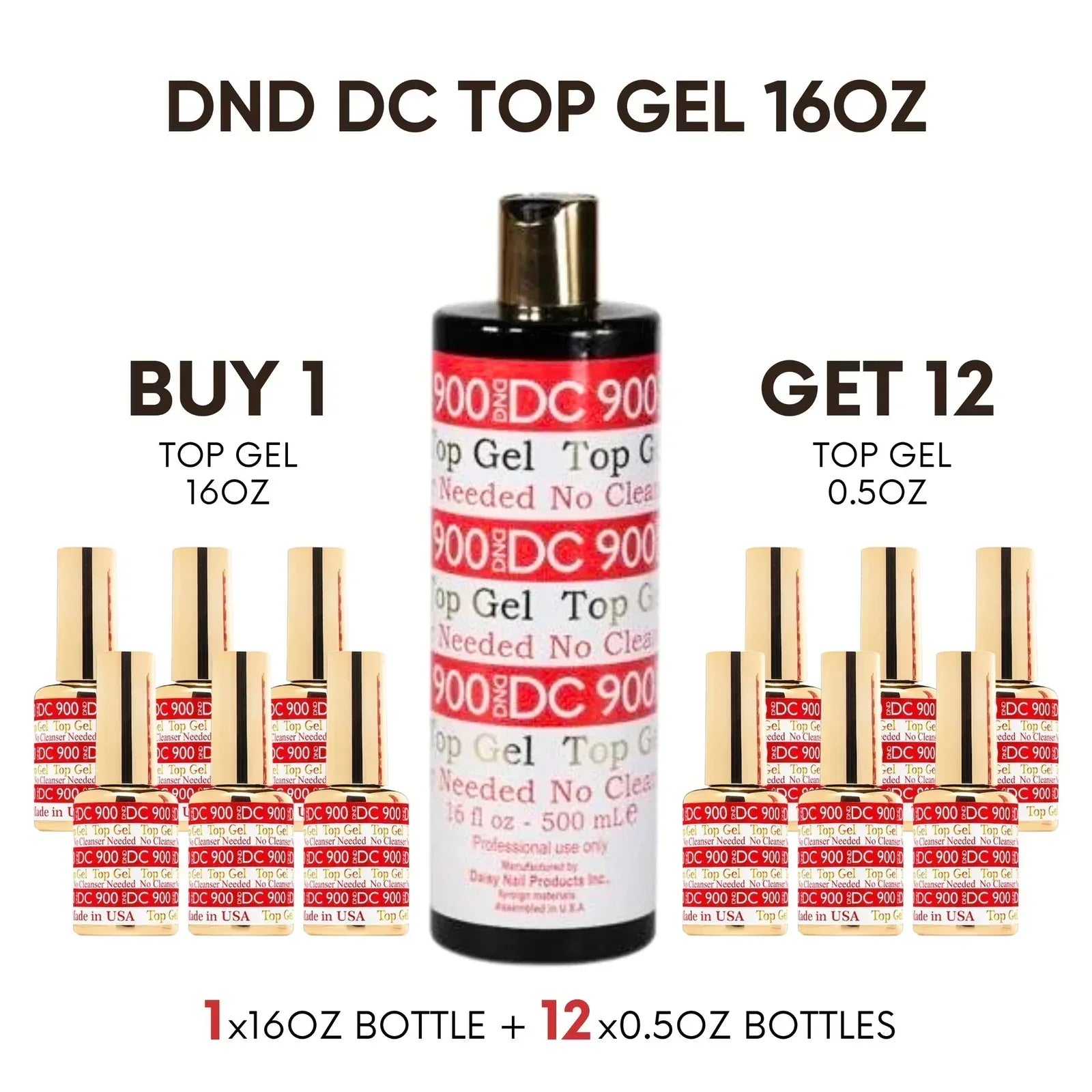 DC #900 Gel Top Coat No Wipe (No Cleanse) 16oz + Free 12 0.5oz Bottles - TTT Nails Supply