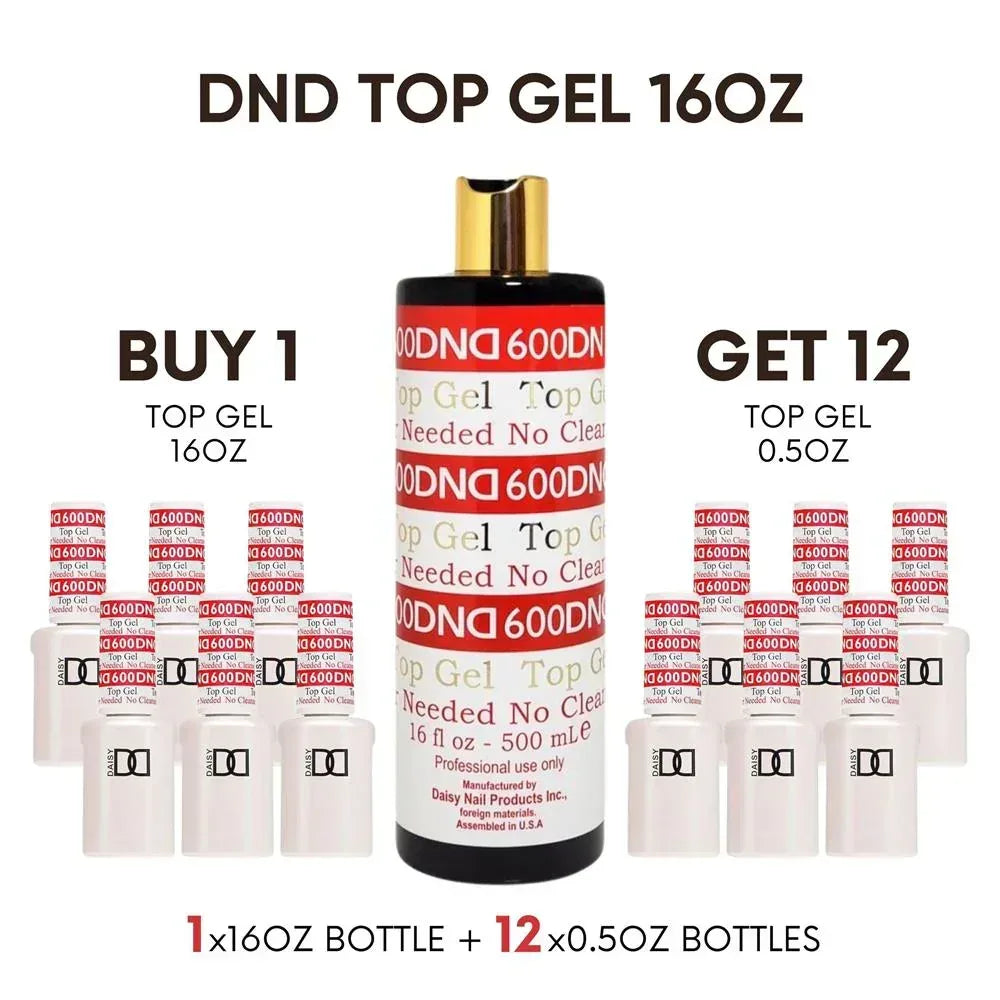 DND #600 Gel Top Coat No Wipe (No Cleanse) 16oz + Free 12 0.5oz Bottles - TTT Nails Supply
