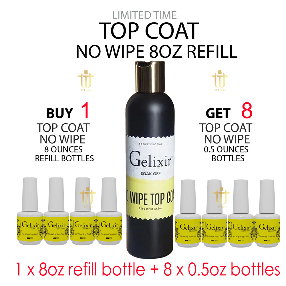 GELIXIR No Wipe (No Cleanse) Gel Top Coat Refill 8oz + Free 08 bottles 0.5oz