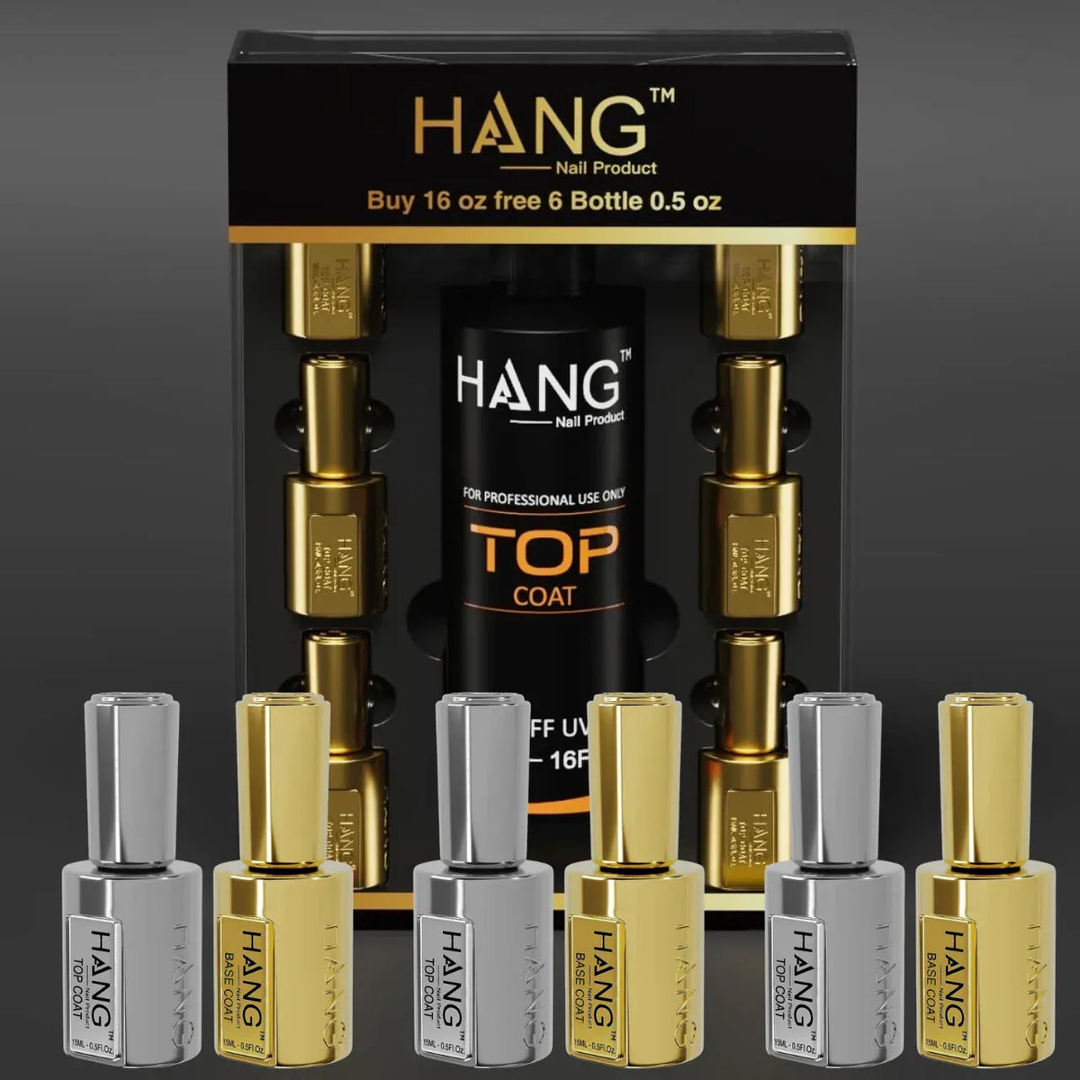 HANG Gel TOP Coat Refill 16oz + Free 06 Bottles 0.5oz + Extra 3 Duo Base & Top 0.5oz (16oz + 12 bottle 0.5oz)