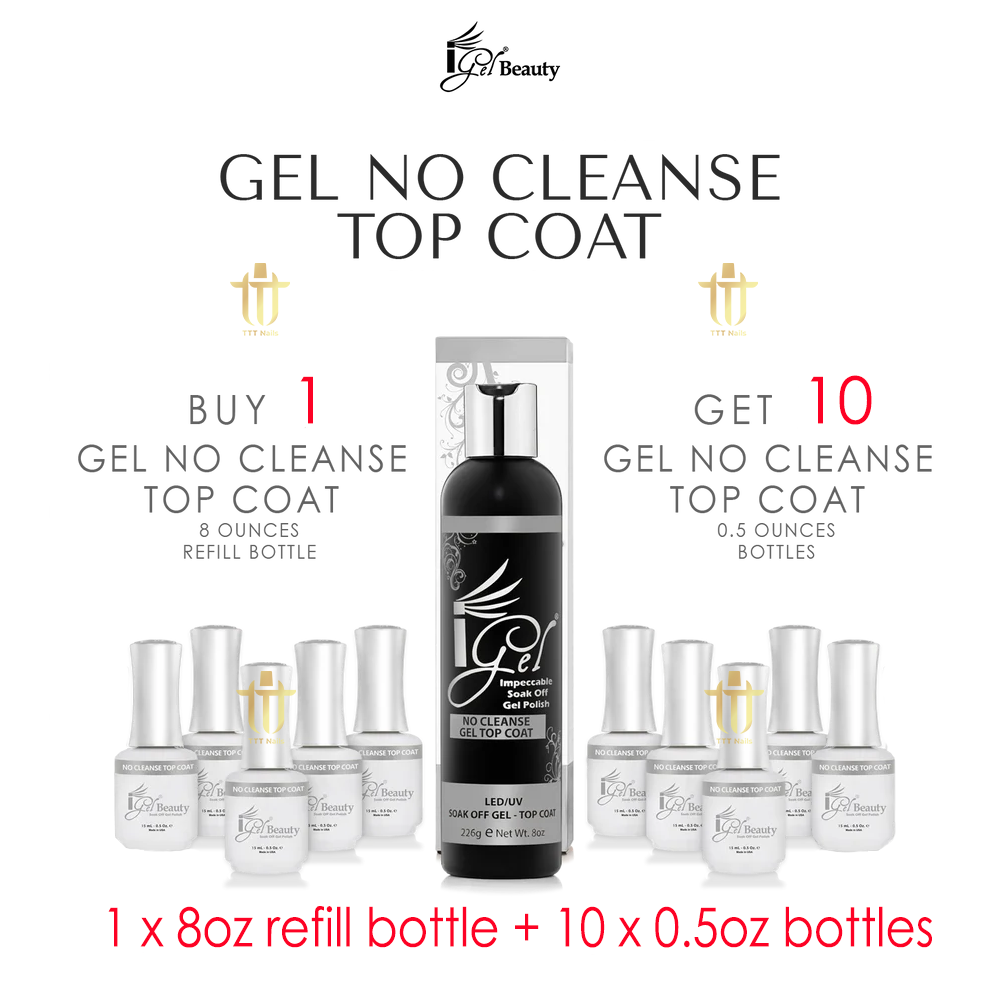 IGEL Gel Top Coat No Wipe (No Cleanse) Refill 8oz + Free 10 Bottles 0.5oz