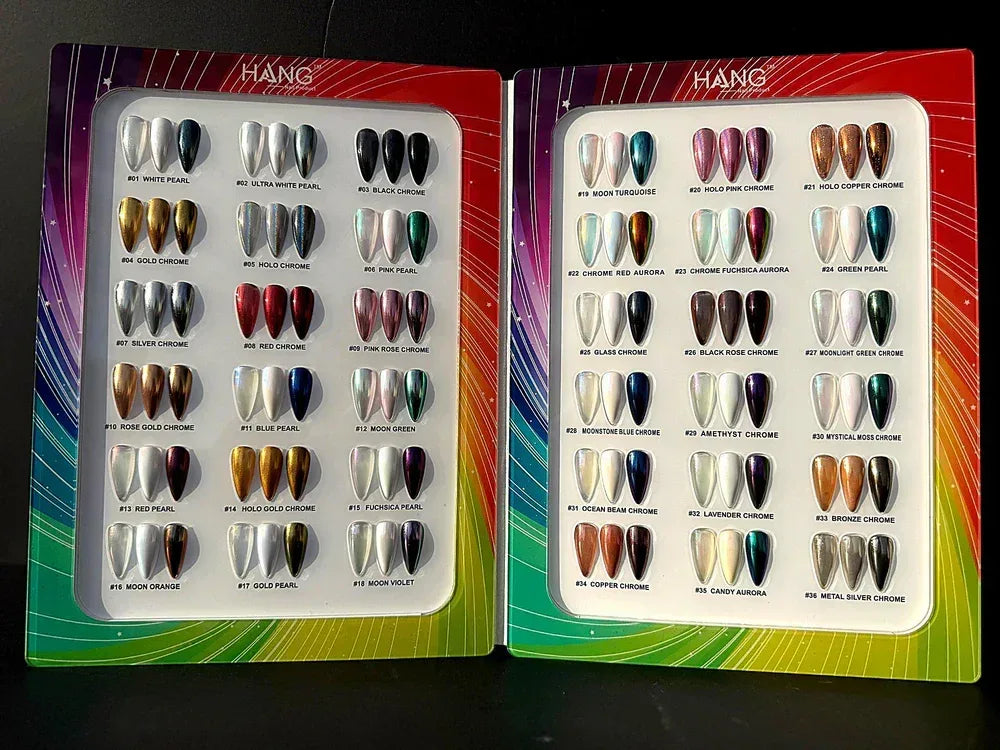 HANG Chrome Powder - Set 36 Colors - Free Display + Base and Top Chrome ($9.95/ea) - TTT Nails Supply