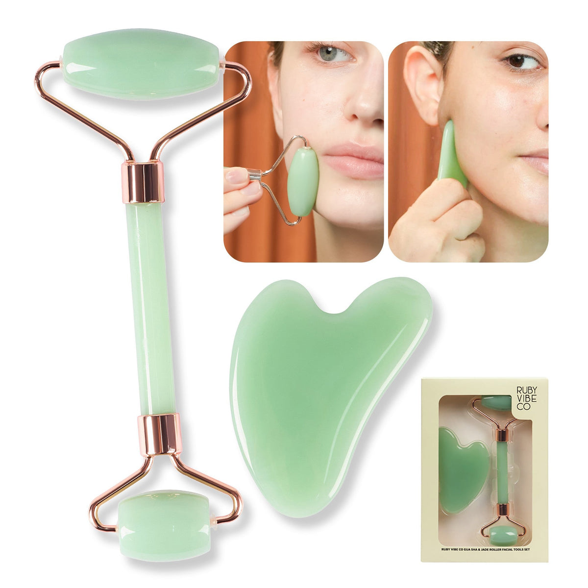 Jade Contour & Renew Beauty Set | Jade Roller & Jade Gua Sha Set for Face