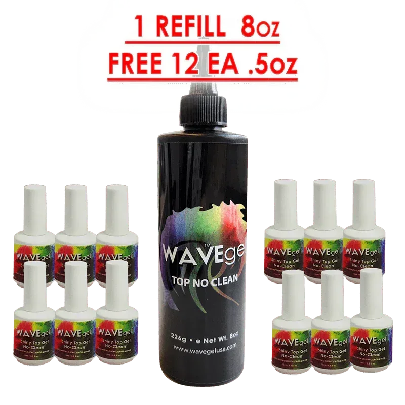WAVE Gel Top Coat No Cleanse (No Wipe) Refill 8oz & 12 Bottles 0.5oz - TTT Nails Supply